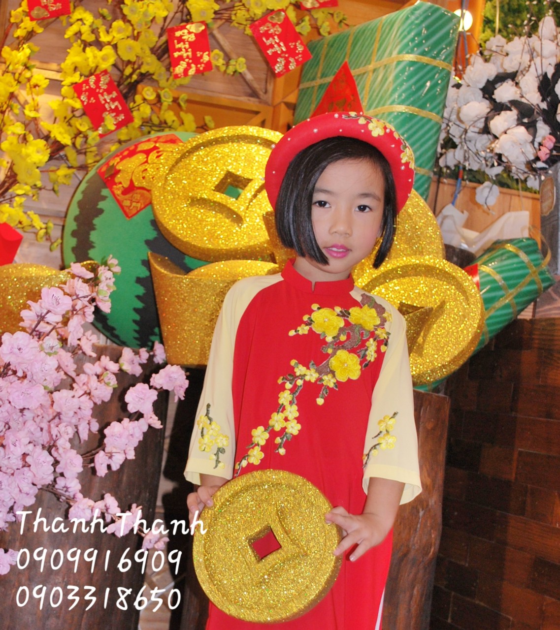 Áo Dài Bé Gái Kết Hoa 3D